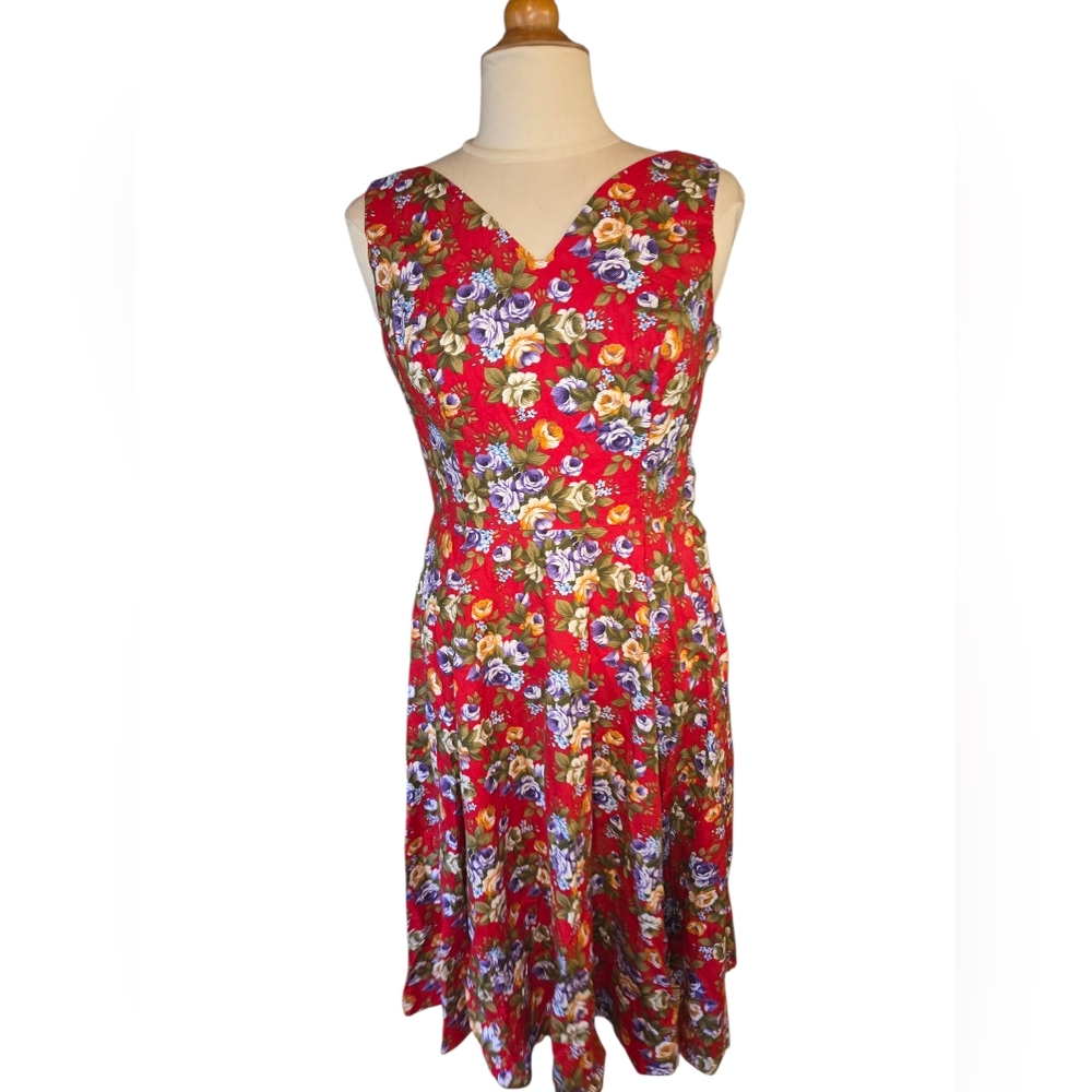 Hearts And Roses Floral Red Cotton Sleeveless Dress